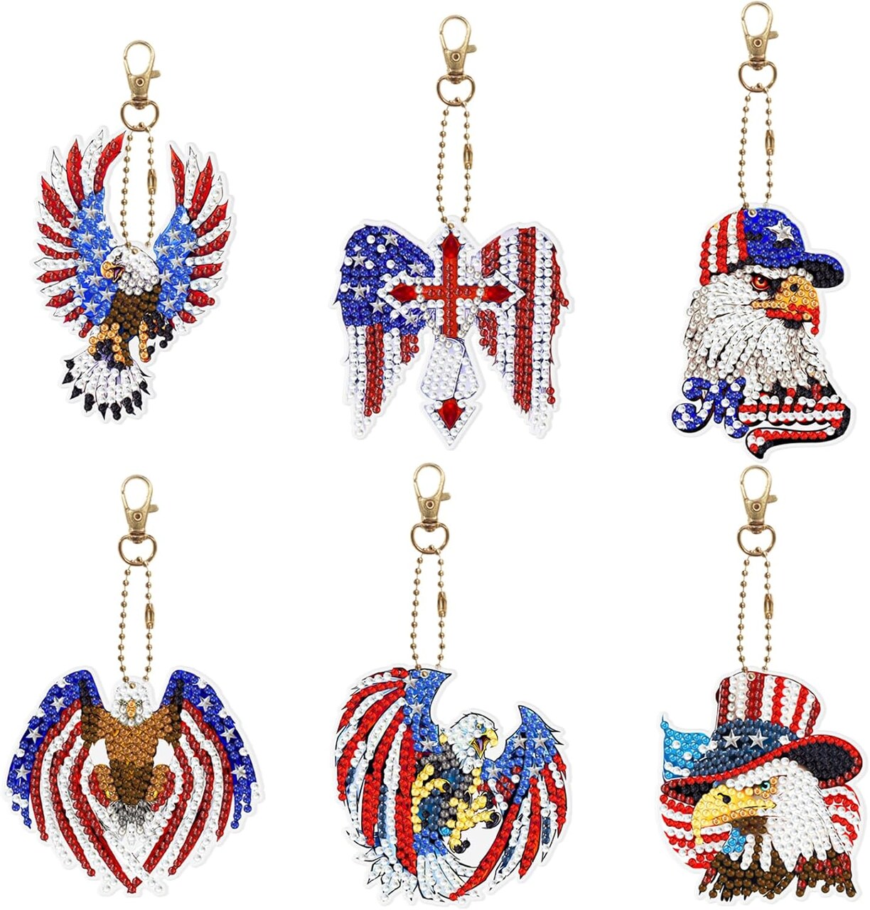 6 Pcs Diamond Art Painting Keychains USA Flag Eagle Hanging Ornament DIY Kits 5D Mini Diamond Art Key Chains